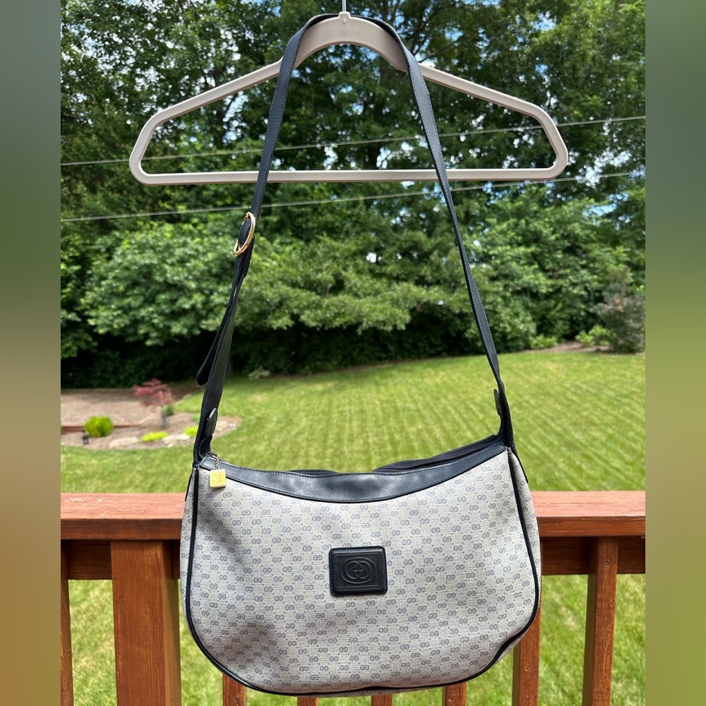 Restored Vintage Gucci Bag Navy Blue Canvas With Leather Accents 001 256 0719